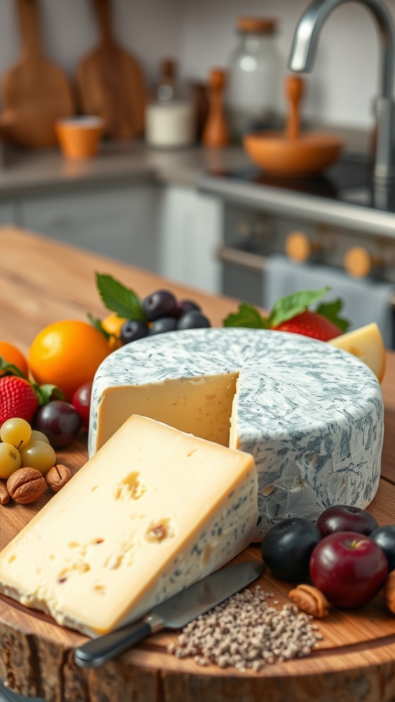 A creamy cheese wheel surrounded by fruits and nuts on a wooden board.